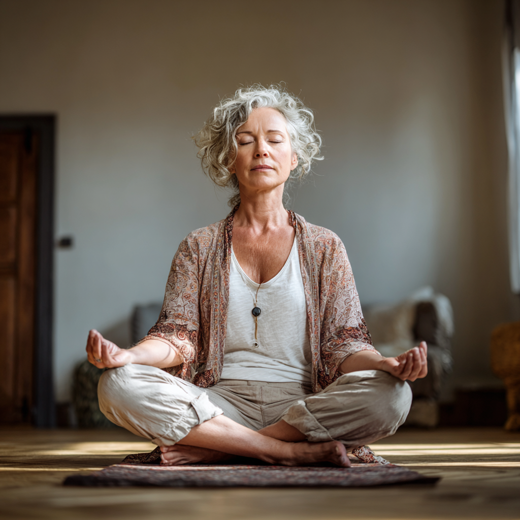 Mature woman practicing gentle yoga poses in peaceful studio environment
